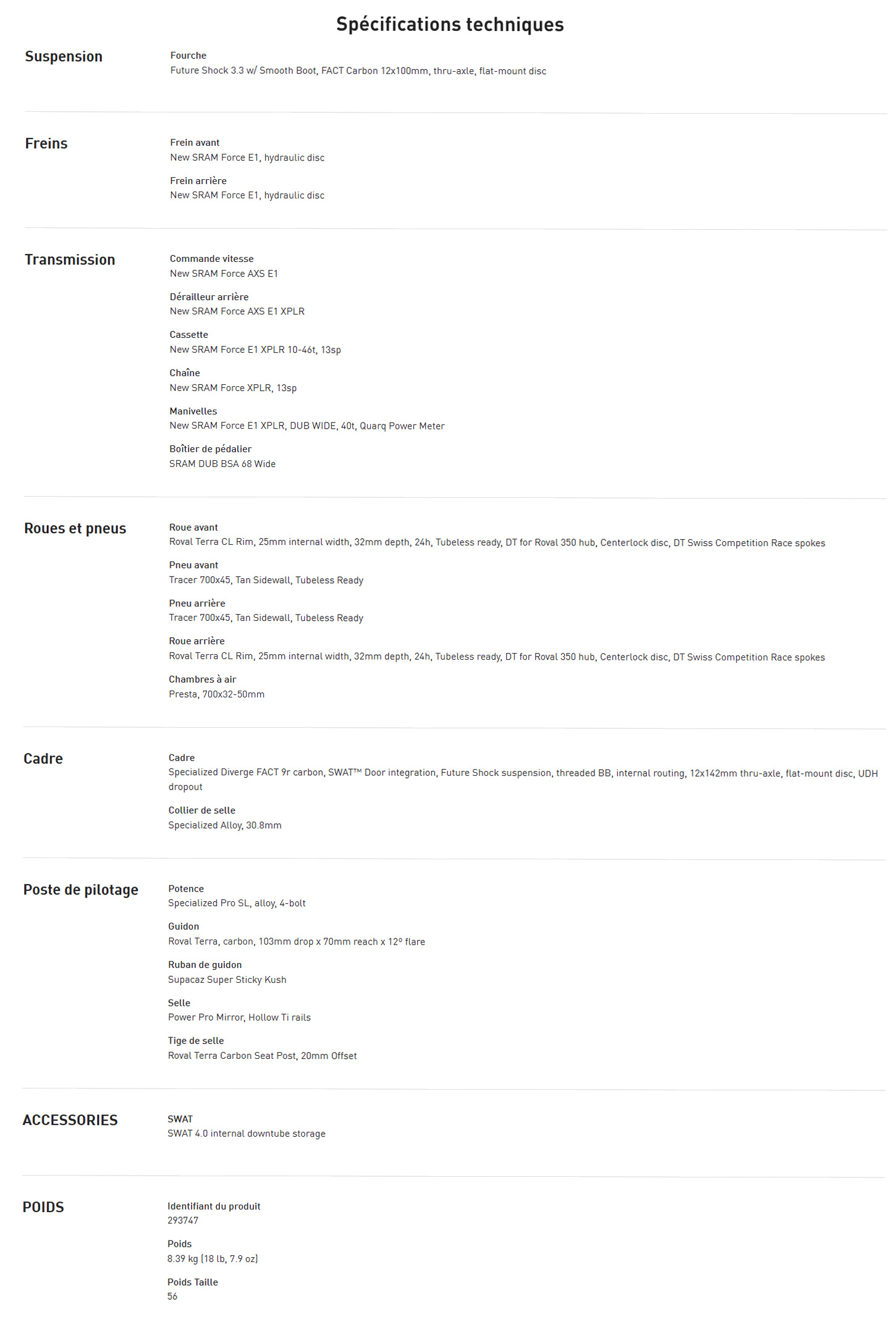 Characteristique technique du vélo Diverge 4 Pro année 2026